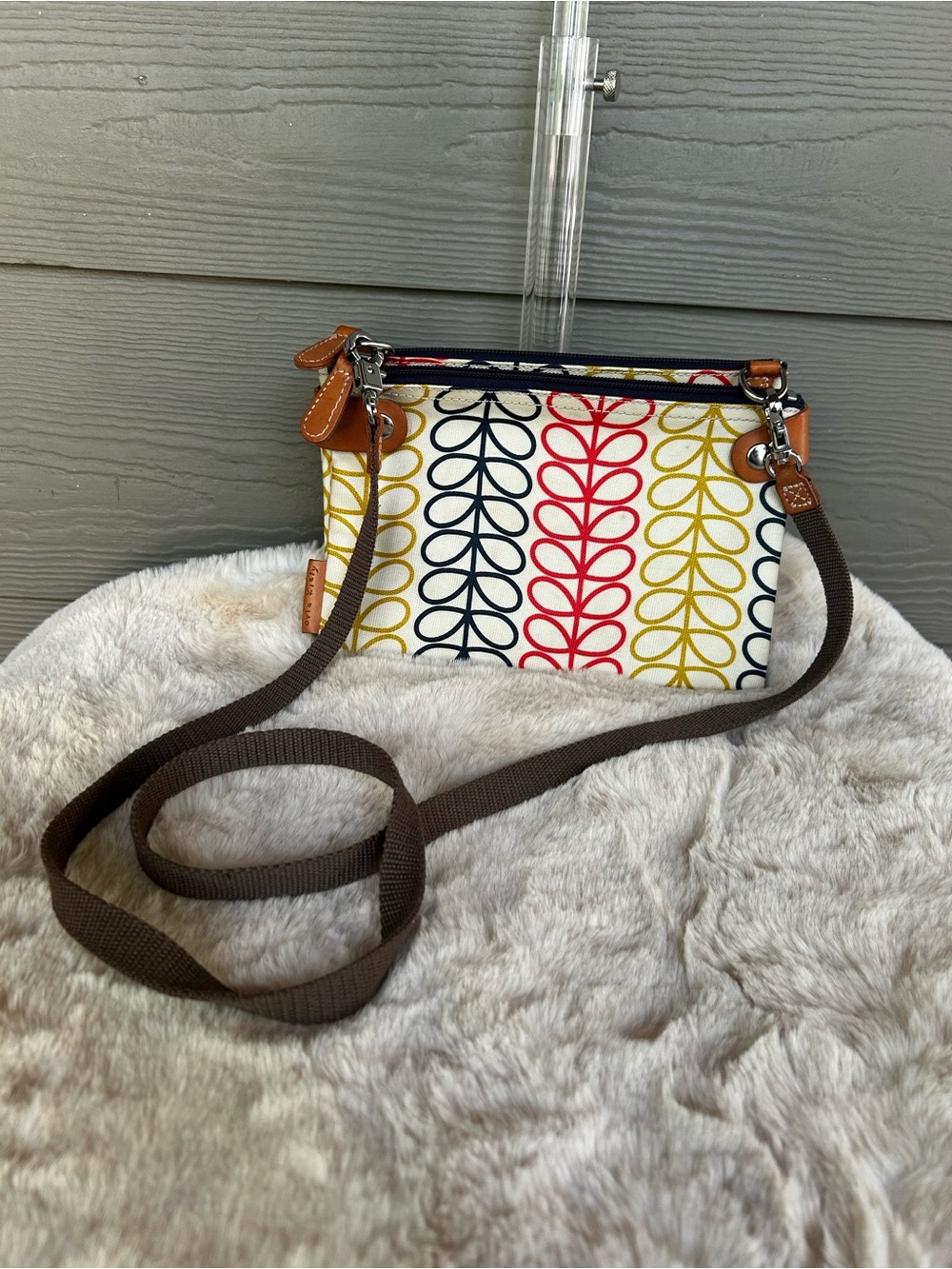 Orla Kiely Navy Red Mustard Stem-Print Crossbody with Brown Strap